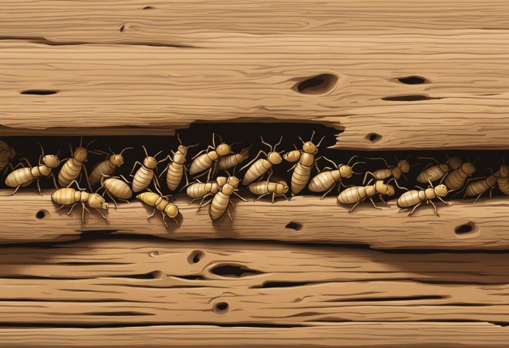 A group of bees on a wood surfaceDescription automatically generated
