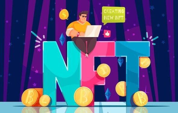 NFT colored background with male character sitting at laptop and creating new token flat vector illustration