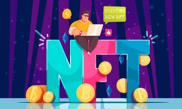 NFT colored background with male character sitting at laptop and creating new token flat vector illustration